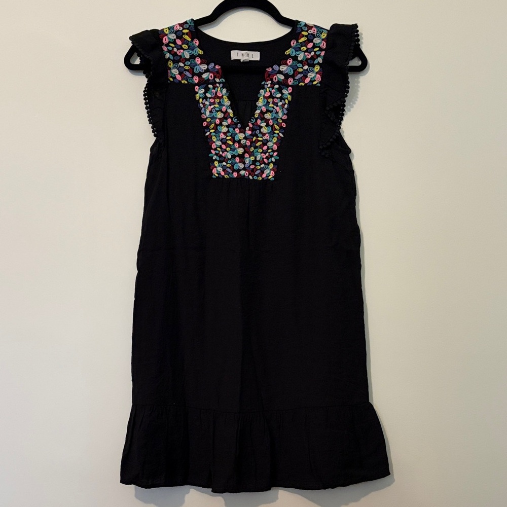 THML Black Mini Dress with Colorful Embroidery